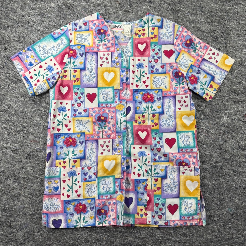 Simply Basic Hearts Roses Floral Scrub Top Snap Front Pockets Small 8-10 Multi